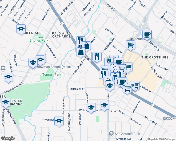 map of restaurants, bars, coffee shops, grocery stores, and more near 1070 Mercedes Avenue in Los Altos