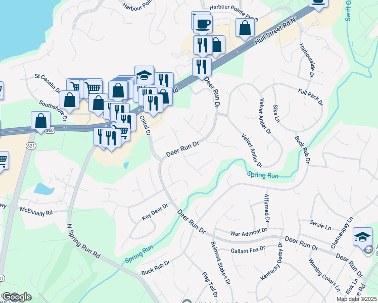 map of restaurants, bars, coffee shops, grocery stores, and more near 13908 Deer Thicket Court in Midlothian