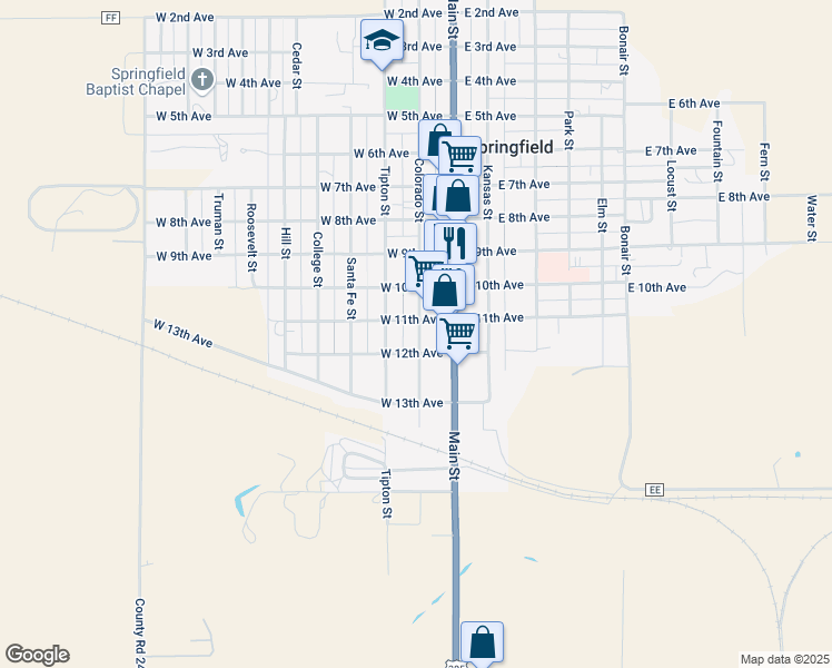 map of restaurants, bars, coffee shops, grocery stores, and more near 1141 Colorado Street in Springfield