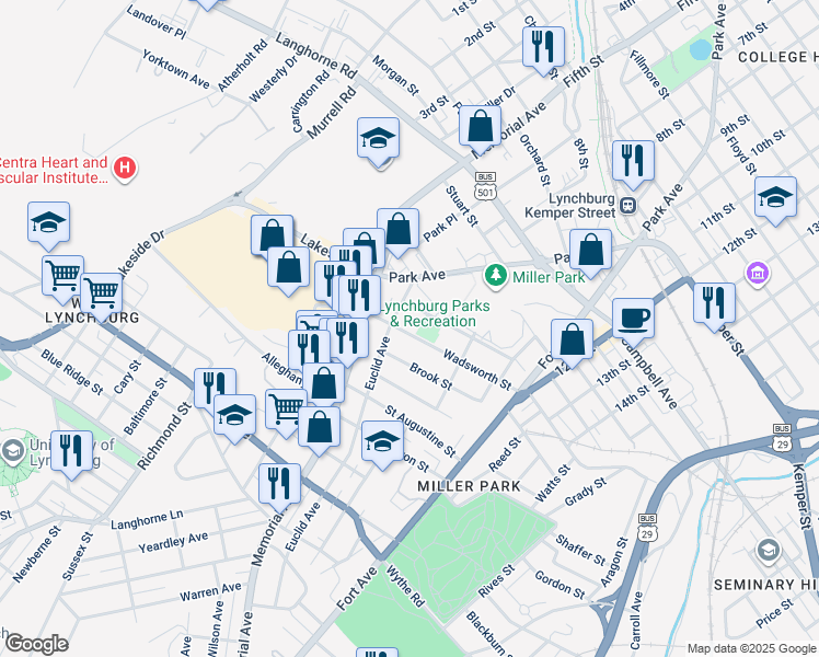 map of restaurants, bars, coffee shops, grocery stores, and more near 208 Wadsworth Street in Lynchburg