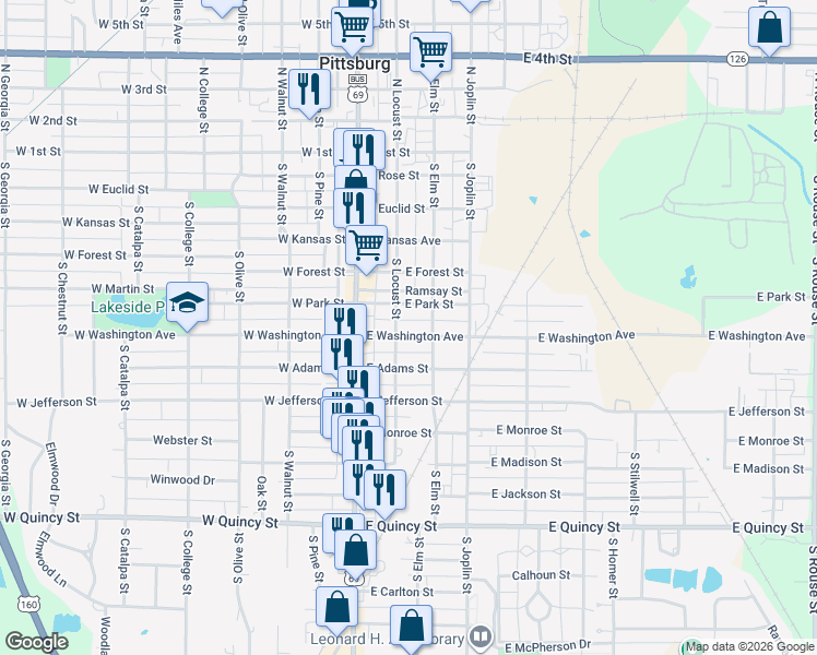 map of restaurants, bars, coffee shops, grocery stores, and more near 205 East Washington Street in Pittsburg