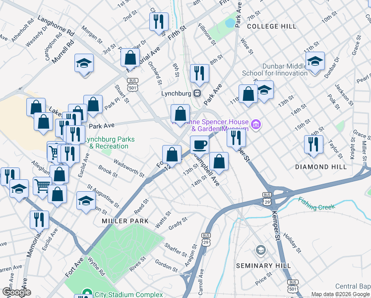 map of restaurants, bars, coffee shops, grocery stores, and more near 2009 12th Street in Lynchburg
