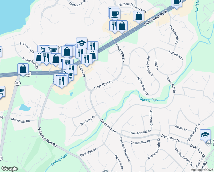 map of restaurants, bars, coffee shops, grocery stores, and more near 7100 Deer Thicket Drive in Midlothian