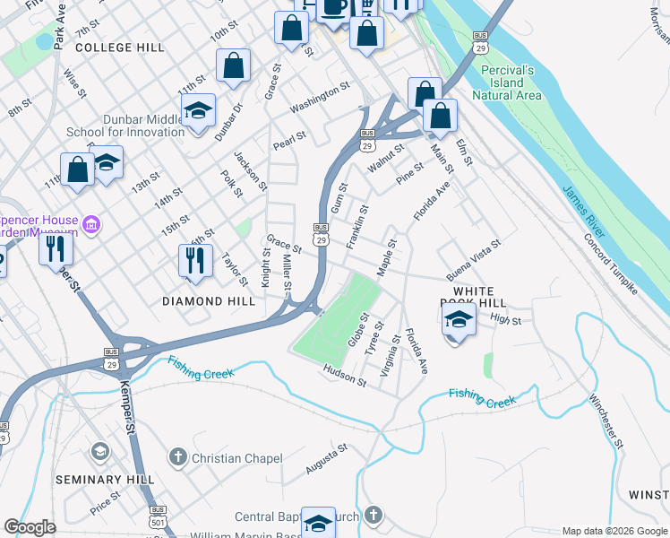 map of restaurants, bars, coffee shops, grocery stores, and more near 2000 Grace Street in Lynchburg