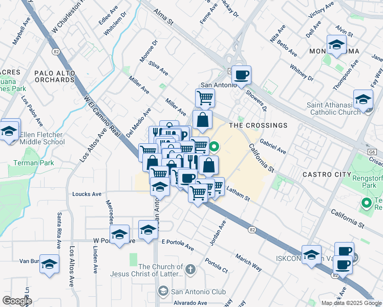 map of restaurants, bars, coffee shops, grocery stores, and more near 555 San Antonio Road in Mountain View