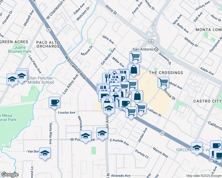 map of restaurants, bars, coffee shops, grocery stores, and more near 646 San Antonio Road in Mountain View