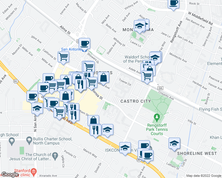 map of restaurants, bars, coffee shops, grocery stores, and more near Ortega Ave & Gabriel Ave in Mountain View