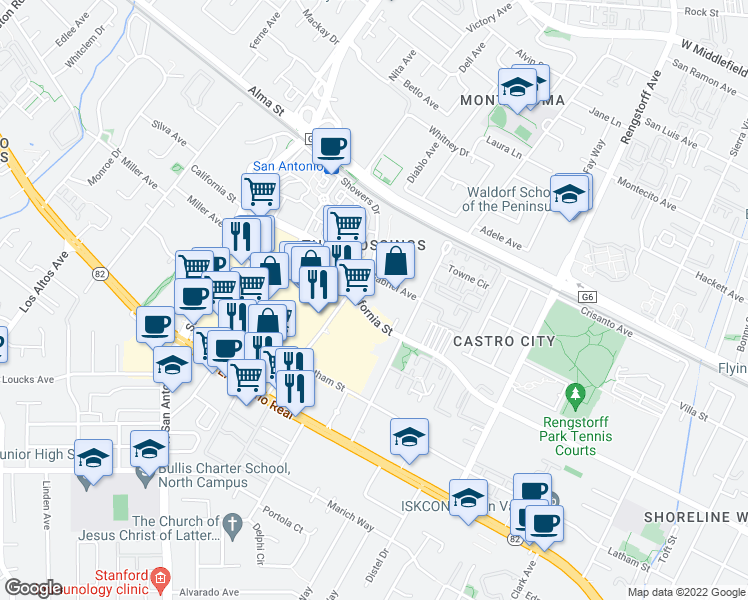map of restaurants, bars, coffee shops, grocery stores, and more near in Mountain View