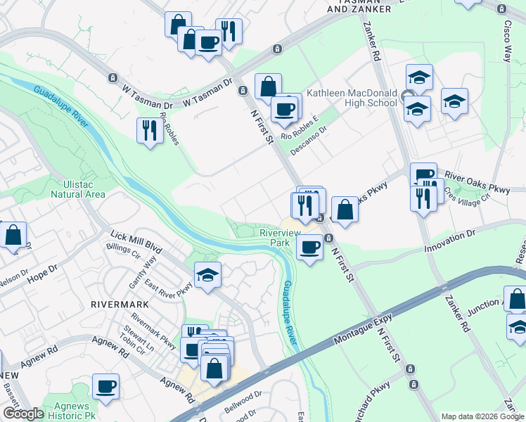 map of restaurants, bars, coffee shops, grocery stores, and more near 250 Riverview Parkway in San Jose