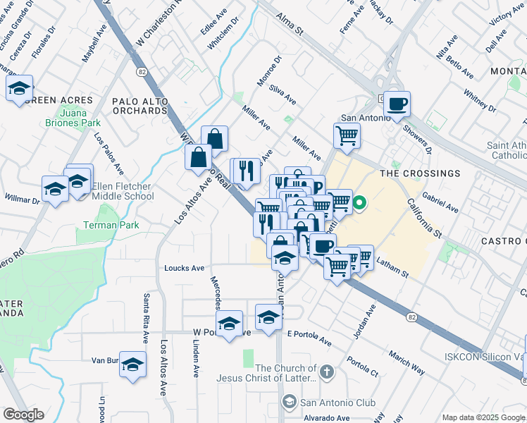 map of restaurants, bars, coffee shops, grocery stores, and more near 2650 El Camino Real in Mountain View
