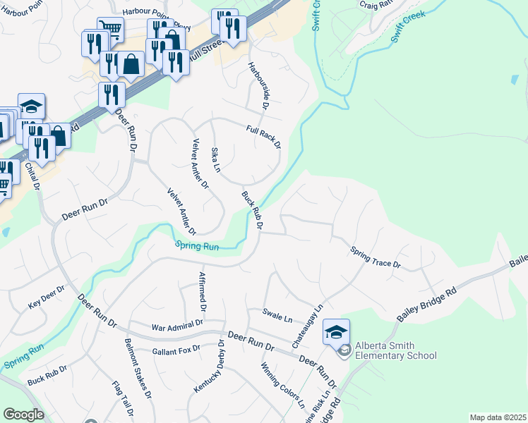 map of restaurants, bars, coffee shops, grocery stores, and more near 13525 Buck Rub Drive in Midlothian