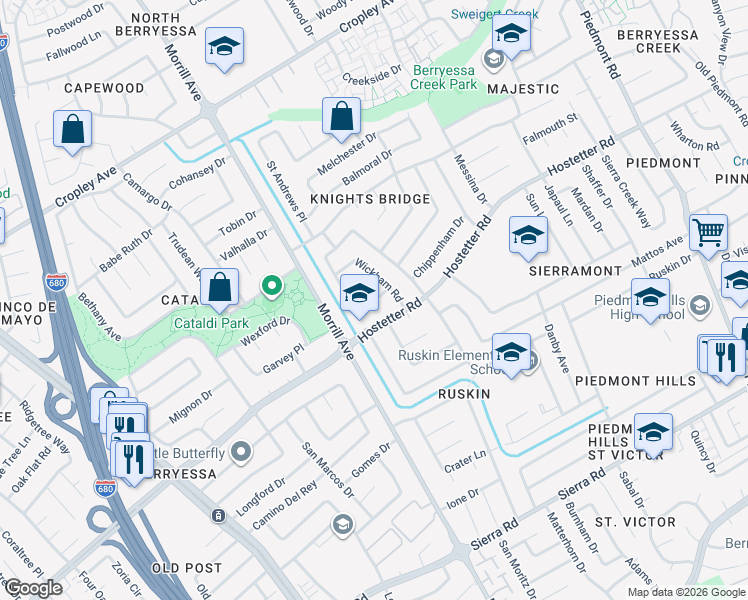 map of restaurants, bars, coffee shops, grocery stores, and more near 2675 Westberry Dr in San Jose
