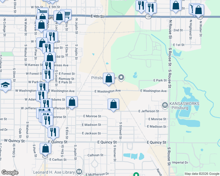 map of restaurants, bars, coffee shops, grocery stores, and more near 629 East Washington Street in Pittsburg