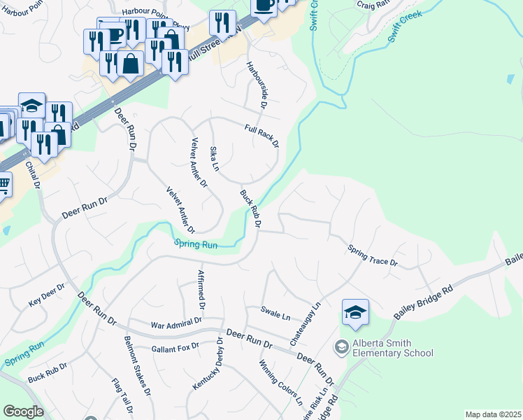 map of restaurants, bars, coffee shops, grocery stores, and more near 13525 Buck Rub Drive in Midlothian