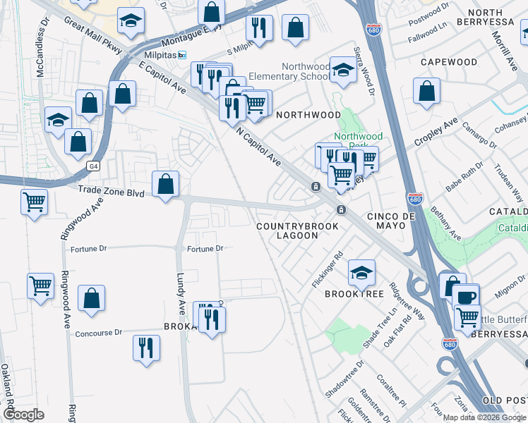 map of restaurants, bars, coffee shops, grocery stores, and more near 2398 Trade Zone Boulevard in San Jose