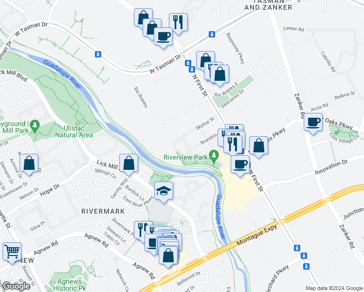 map of restaurants, bars, coffee shops, grocery stores, and more near 3477 Lily Way in San Jose