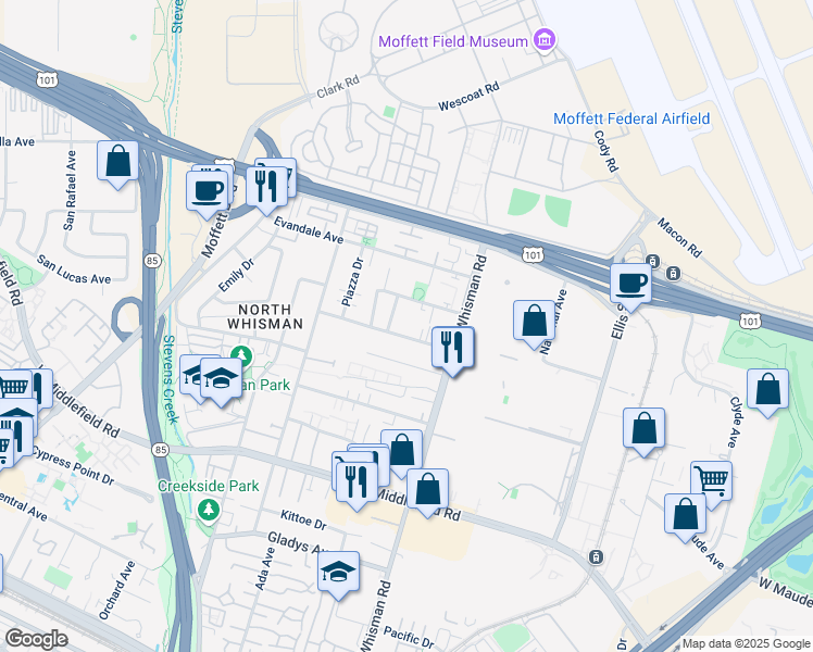 map of restaurants, bars, coffee shops, grocery stores, and more near 226 Murlagan Avenue in Mountain View