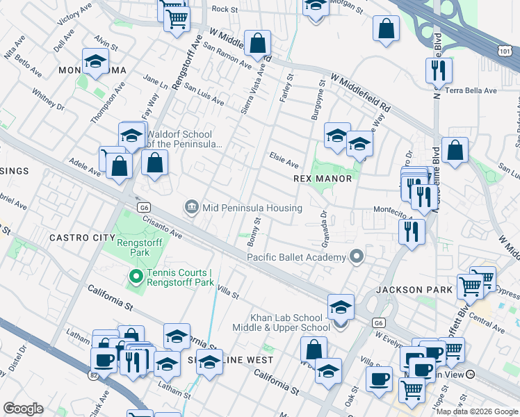 map of restaurants, bars, coffee shops, grocery stores, and more near 295 Farley Street in Mountain View