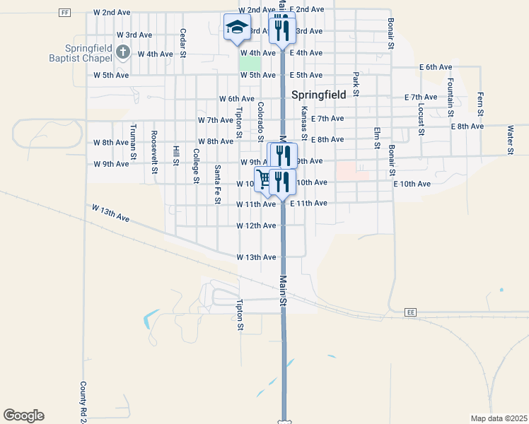 map of restaurants, bars, coffee shops, grocery stores, and more near 1141 Colorado Street in Springfield