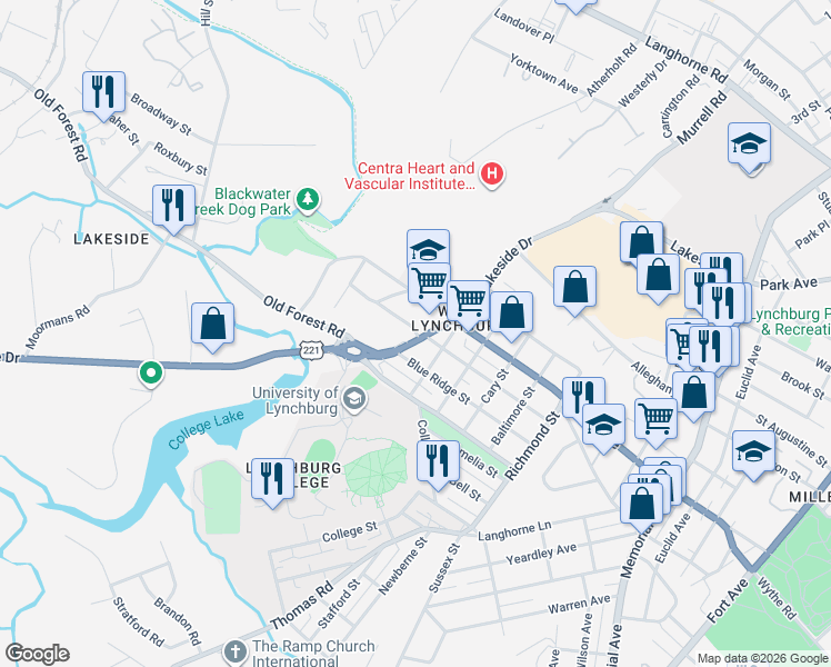 map of restaurants, bars, coffee shops, grocery stores, and more near 1308 Lakeside Drive in Lynchburg