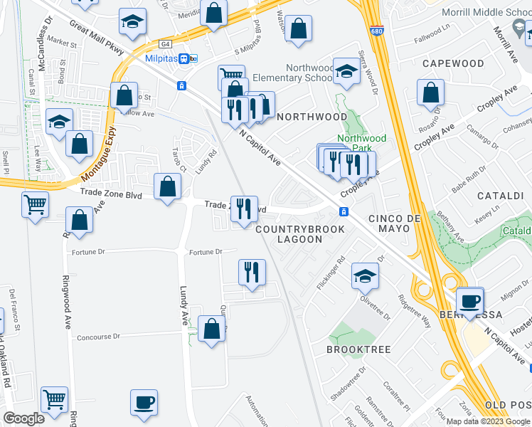 map of restaurants, bars, coffee shops, grocery stores, and more near 2398 Trade Zone Boulevard in San Jose