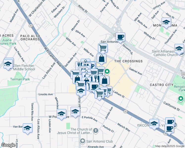 map of restaurants, bars, coffee shops, grocery stores, and more near 565 San Antonio Road in Mountain View