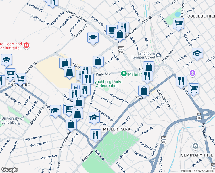 map of restaurants, bars, coffee shops, grocery stores, and more near 301 Grove Street in Lynchburg