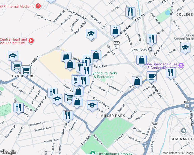 map of restaurants, bars, coffee shops, grocery stores, and more near 212 Wadsworth Street in Lynchburg