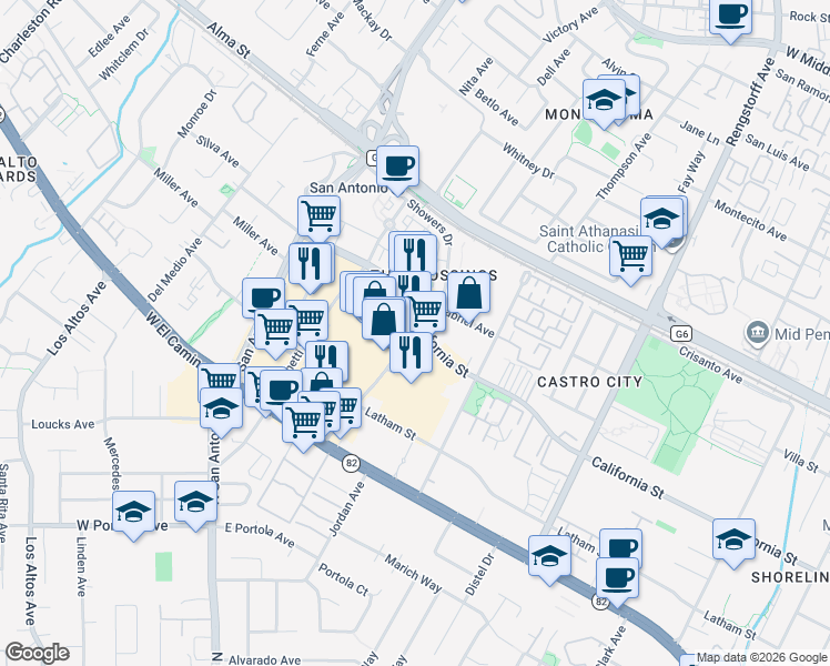 map of restaurants, bars, coffee shops, grocery stores, and more near Showers Drive in Mountain View