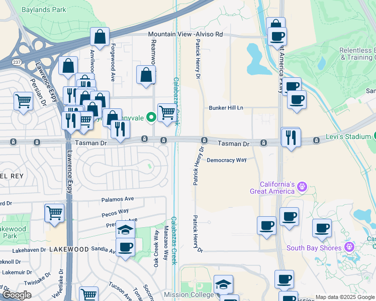 map of restaurants, bars, coffee shops, grocery stores, and more near Calabazas Creek Trail in Santa Clara