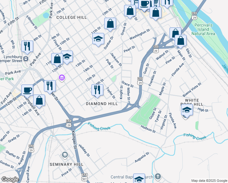 map of restaurants, bars, coffee shops, grocery stores, and more near 1113 18th Street in Lynchburg
