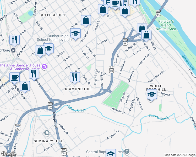map of restaurants, bars, coffee shops, grocery stores, and more near 1914 Giles Street in Lynchburg