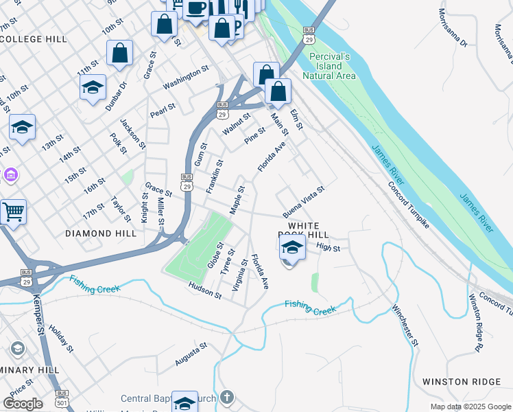 map of restaurants, bars, coffee shops, grocery stores, and more near 716 Florida Avenue in Lynchburg