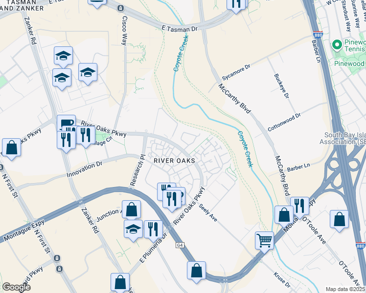 map of restaurants, bars, coffee shops, grocery stores, and more near in San Jose