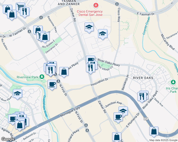 map of restaurants, bars, coffee shops, grocery stores, and more near 3250 Zanker Road in San Jose