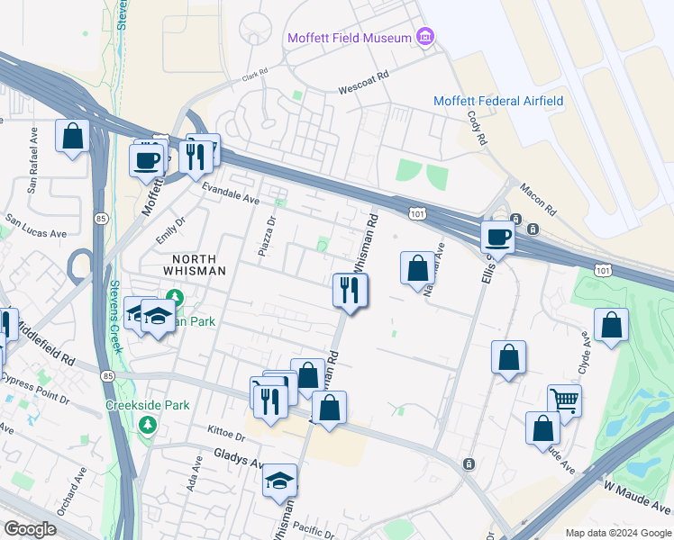 map of restaurants, bars, coffee shops, grocery stores, and more near 526 North Whisman Road in Mountain View