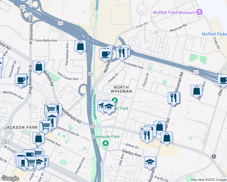 map of restaurants, bars, coffee shops, grocery stores, and more near 520 Walker Drive in Mountain View