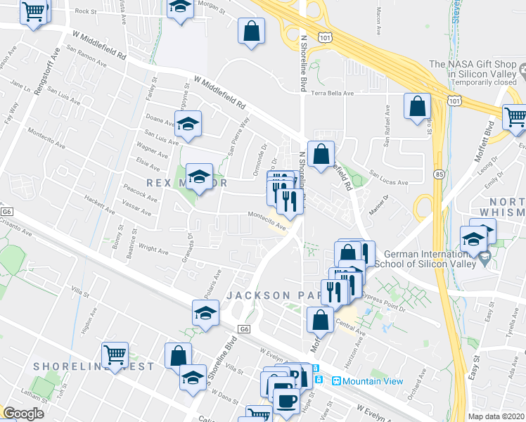 map of restaurants, bars, coffee shops, grocery stores, and more near 1296 Montecito Avenue in Mountain View