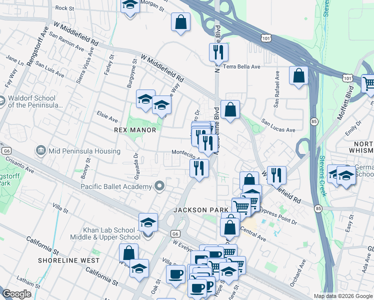 map of restaurants, bars, coffee shops, grocery stores, and more near 1296 Montecito Avenue in Mountain View