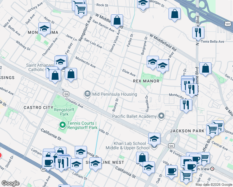 map of restaurants, bars, coffee shops, grocery stores, and more near 295 Farley Street in Mountain View