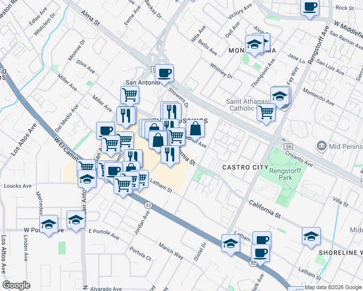 map of restaurants, bars, coffee shops, grocery stores, and more near in Mountain View