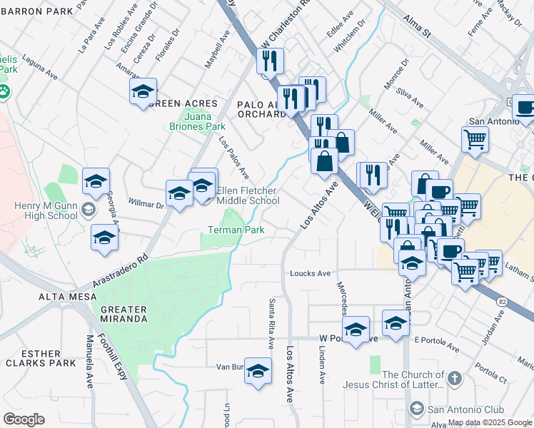 map of restaurants, bars, coffee shops, grocery stores, and more near 393 Lunada Drive in Los Altos