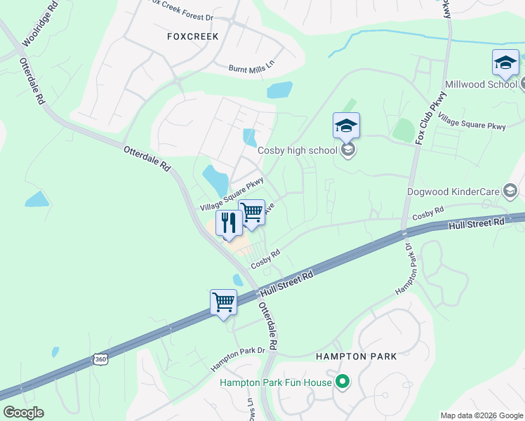 map of restaurants, bars, coffee shops, grocery stores, and more near 15900 Cosby Road in Chesterfield