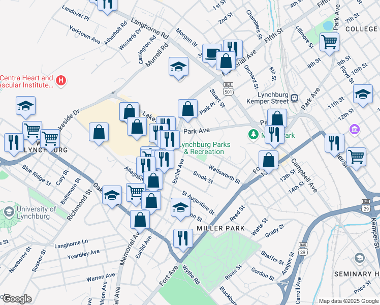 map of restaurants, bars, coffee shops, grocery stores, and more near 212 Wadsworth Street in Lynchburg