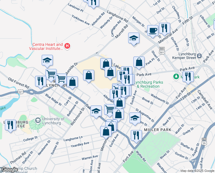 map of restaurants, bars, coffee shops, grocery stores, and more near 515 Wilton Avenue in Lynchburg