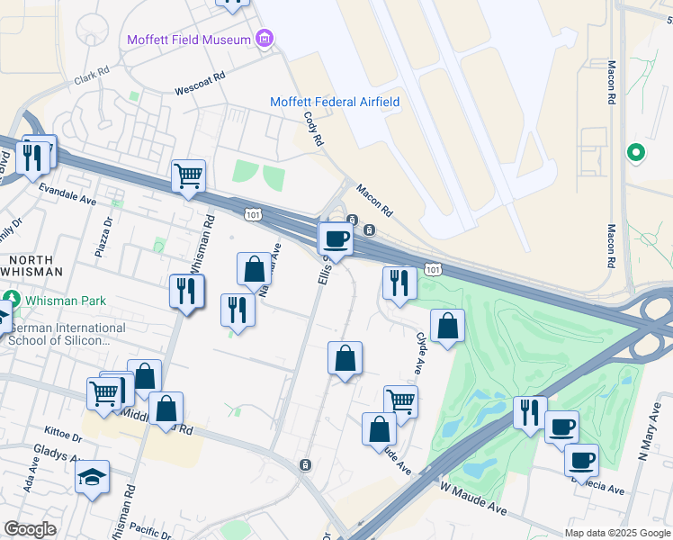 map of restaurants, bars, coffee shops, grocery stores, and more near 625 Ellis Street in Mountain View