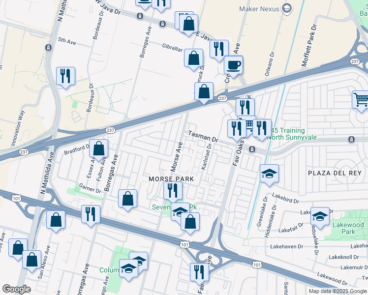map of restaurants, bars, coffee shops, grocery stores, and more near Topaz Terrace in Sunnyvale
