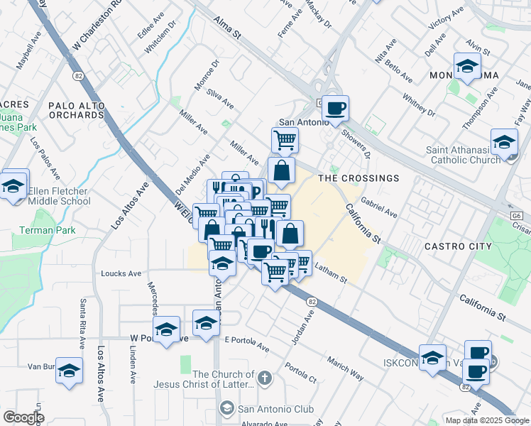 map of restaurants, bars, coffee shops, grocery stores, and more near 565 San Antonio Road in Mountain View