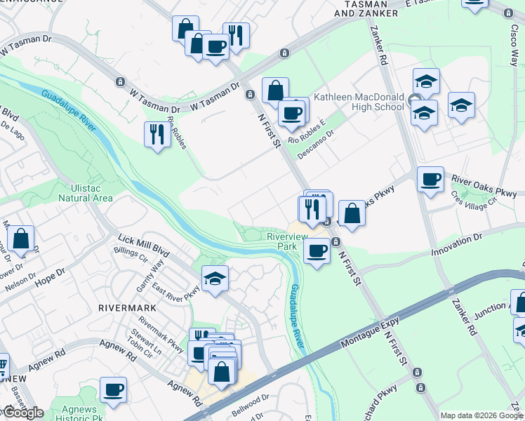map of restaurants, bars, coffee shops, grocery stores, and more near 250 Brandon Street in San Jose