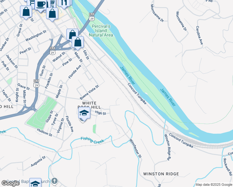 map of restaurants, bars, coffee shops, grocery stores, and more near 2521 Davis Street in Lynchburg